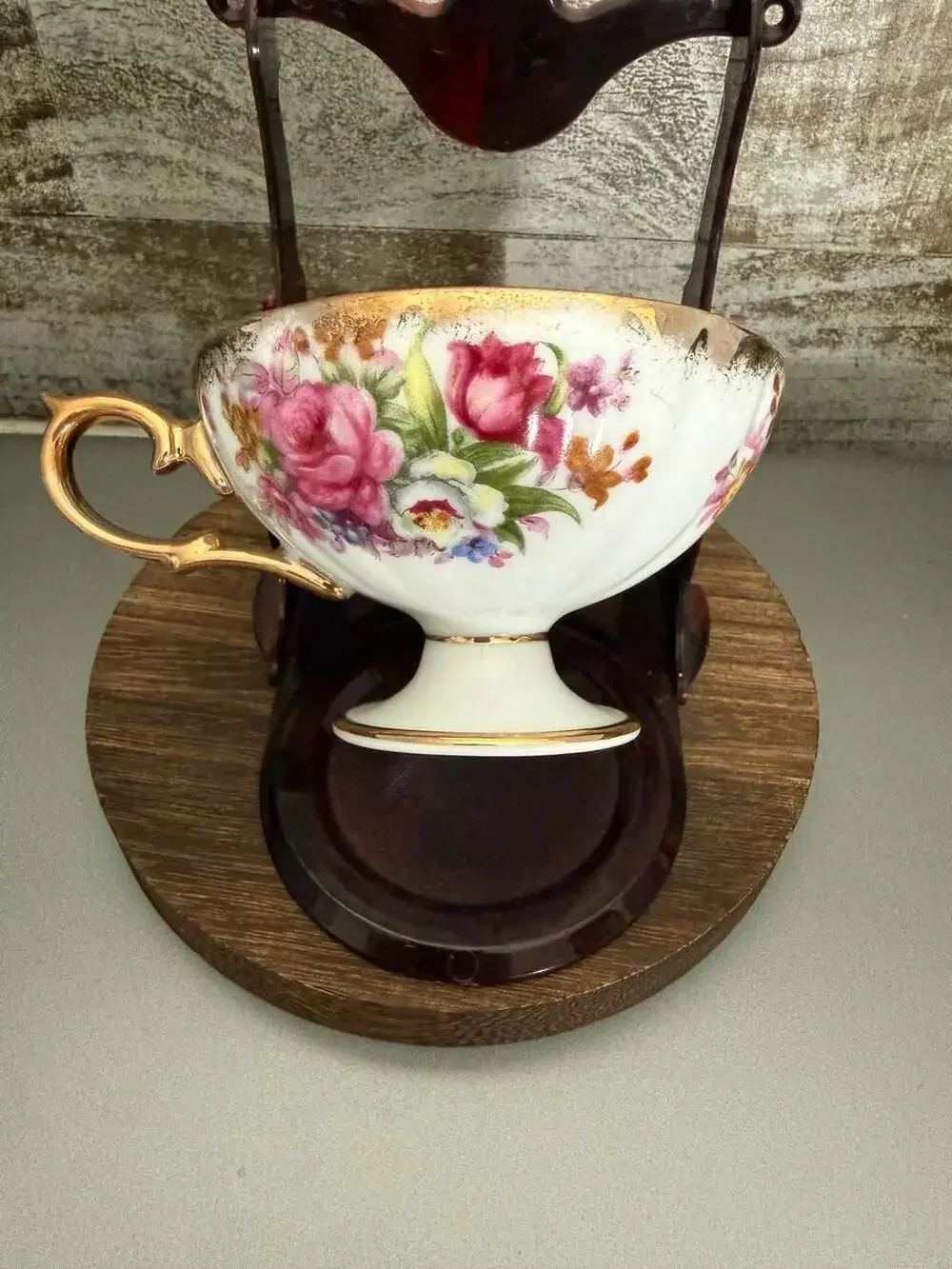 VTG Hand-Painted Footed Teacup and Saucer Set with Roses and Lusterware Finish